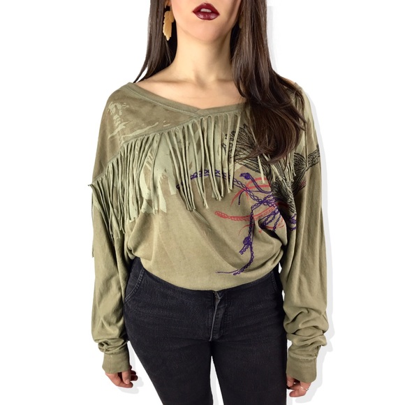VTG DIESEL distressed green fringe sweater - Picture 6 of 7